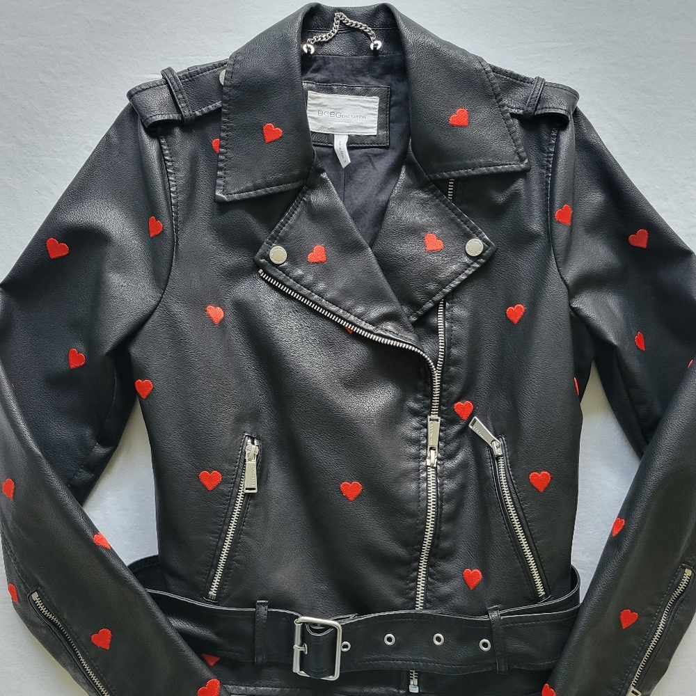 BCBGeneration Heart Hearts Faux Leather Belted Motorcycle Jacket NWT